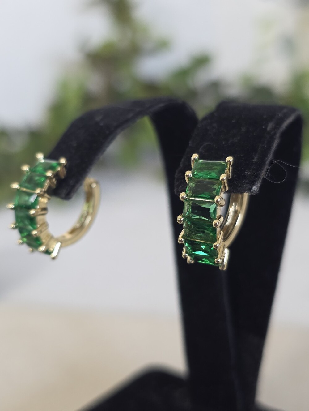14K Gold Filled Emerald Green Baguette Huggie Hoop Earrings - Picture 2 of 7